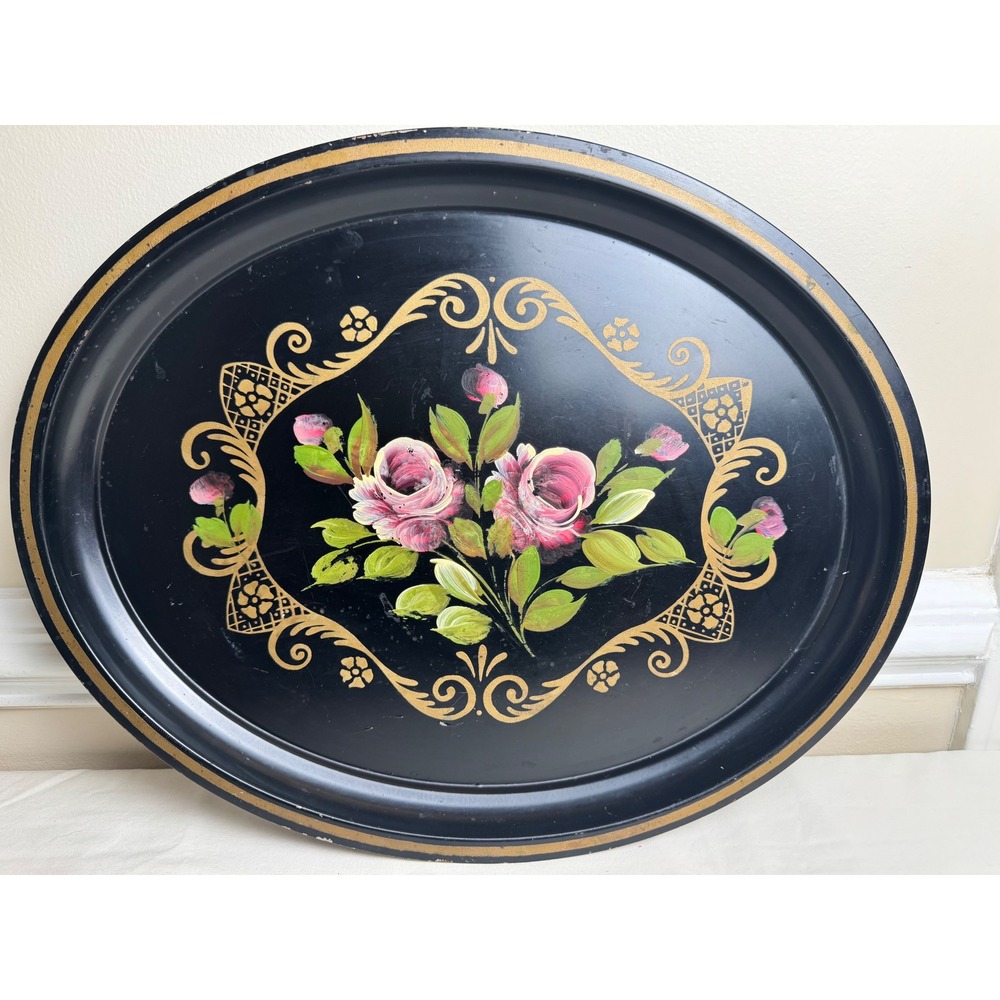 Vintage Whimsigoth Floral Tole Painted Metal Serving Tray Large Oval 18x14" Rose